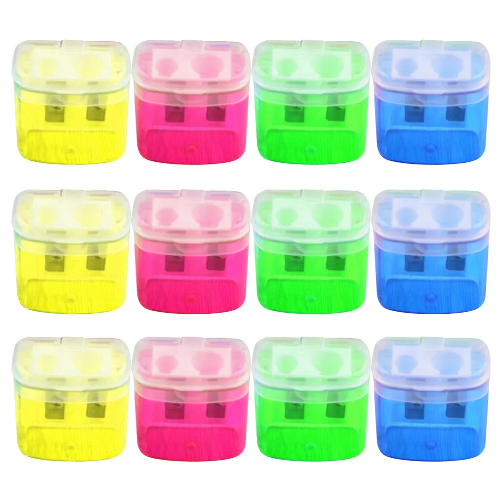 

12Pcs Square Pencil Sharpener Manual Plastic Dual Hole with Storage Box for School Study Neat Convenient Stationery for