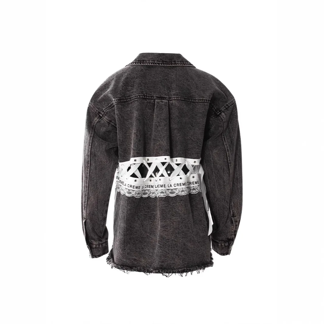 2023 frühjahr Neue Süße Retro Gurtband Spitze Spleißen Raue Kante Gewaschen Alte Lose Denim Hemd Jacke Frauen Denim Jacke