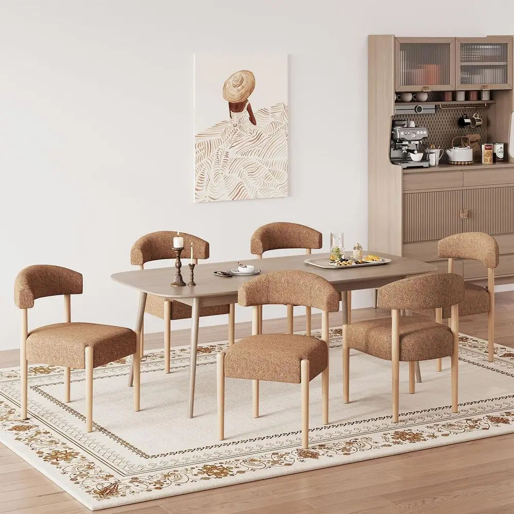 

Set of 6 Upholstered Dining Chairs with Rubberwood Legs and Curved Backrest, Fabric Chairs for Kitchen, Living Room, or Dining R