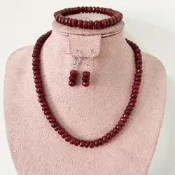 Faceted 5*8MM Deep Red Ruby Natural Stone Jewelry Sets Bead Necklace Earrings Bracelet Chain Choker Simple Design Party Boho