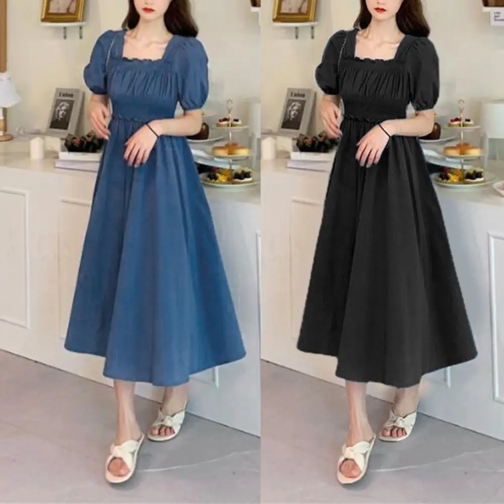 Women Summer Dress Square Neck Bubble Sleeve Elastic Bust A-line Dress Loose Hem Solid Color Vintage Mic-calf Length Midi Dress