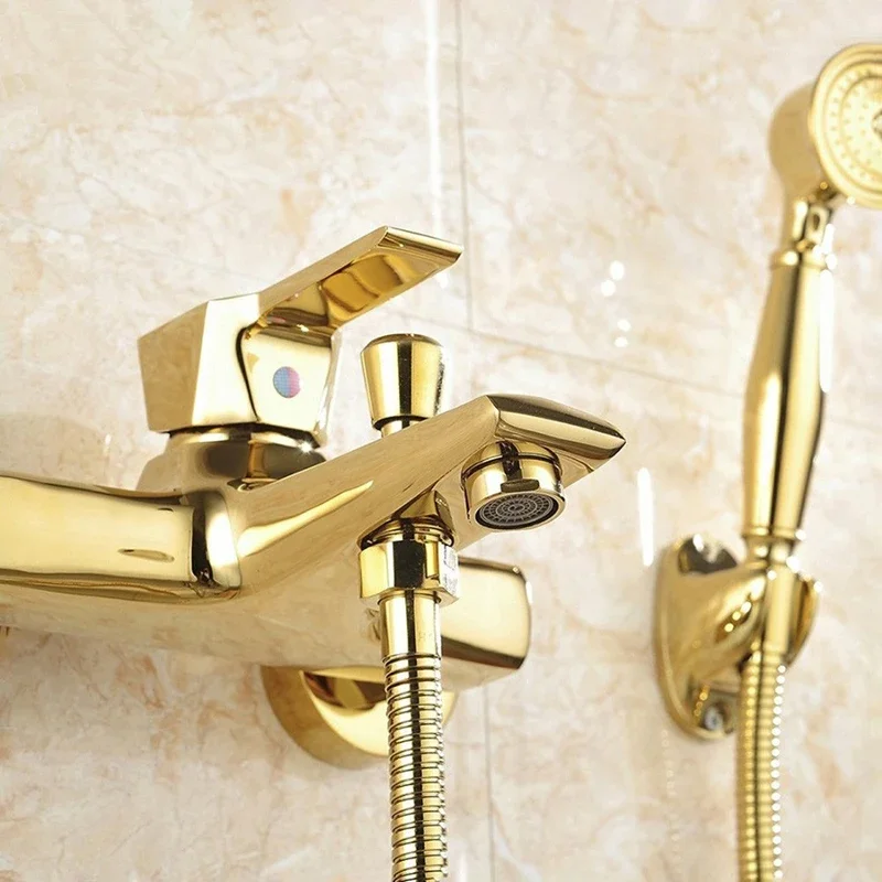 Vidric Brass Gold Plated Bathtub Faucet With Hand Shower, Wall Mounted Bathroom Bath Shower Faucets Mixer Tap Torneiras