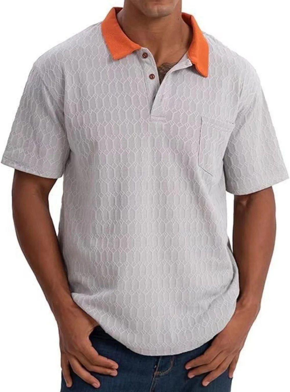 

Geometric pattern jacquard multi-color buttoned patch pocket summer men's casual sport polo shirt