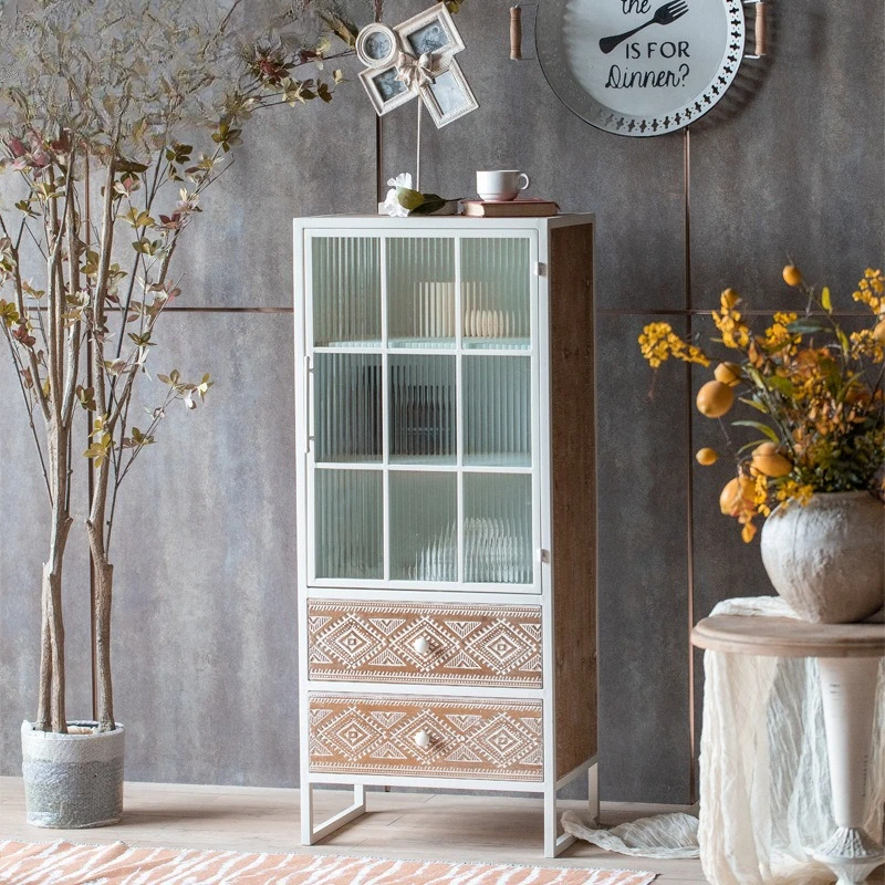 

French light luxury glass wine cabinet B & B bedroom locker household kitchen dining side cabinet retro old storage cabinet