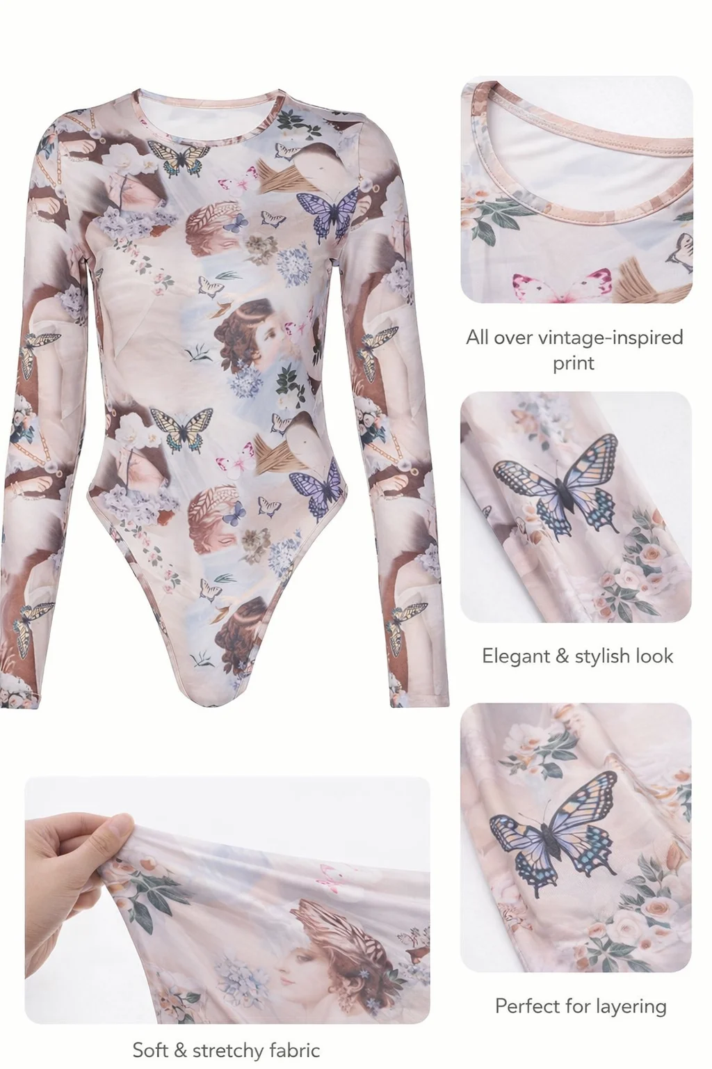 European and American women's autumn and winter temperament top butterfly print round neck long sleeved jumpsuit