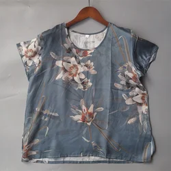 Women's Short Sleeve Printed T-shirt 100% Mulberry Silk Crepe Satin Top Lady Blouse