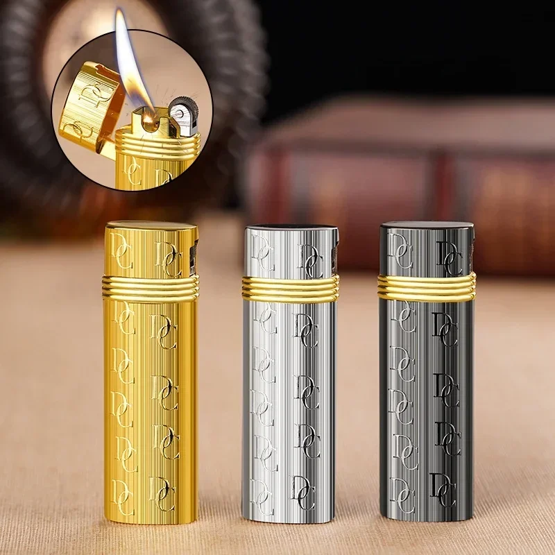 Metal Compact Slant Fire Special Pipe Lighter Classic Grinding Wheel Ignition Open Flame Portable Butane Gas Lighter Smoking