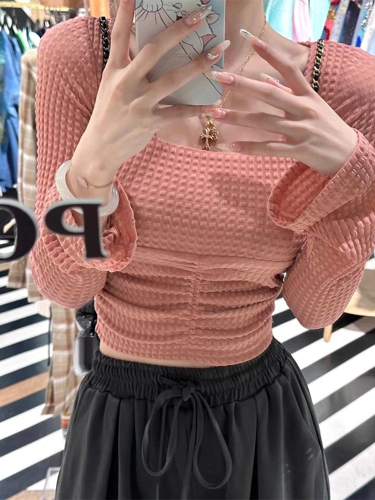 

Slim Fit Pink Long Sleeve Women's T-shirt Korean Style Chic Inner Wear Spring Commute Fashion Short Length Square Collar