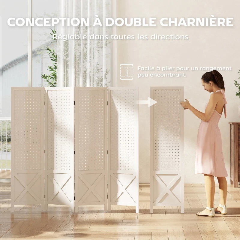 Paravent intérieur en bois 4 panneaux séparateur de pièce pliable panneau perforé 152 x 1,7 x 144,5 cm blanc