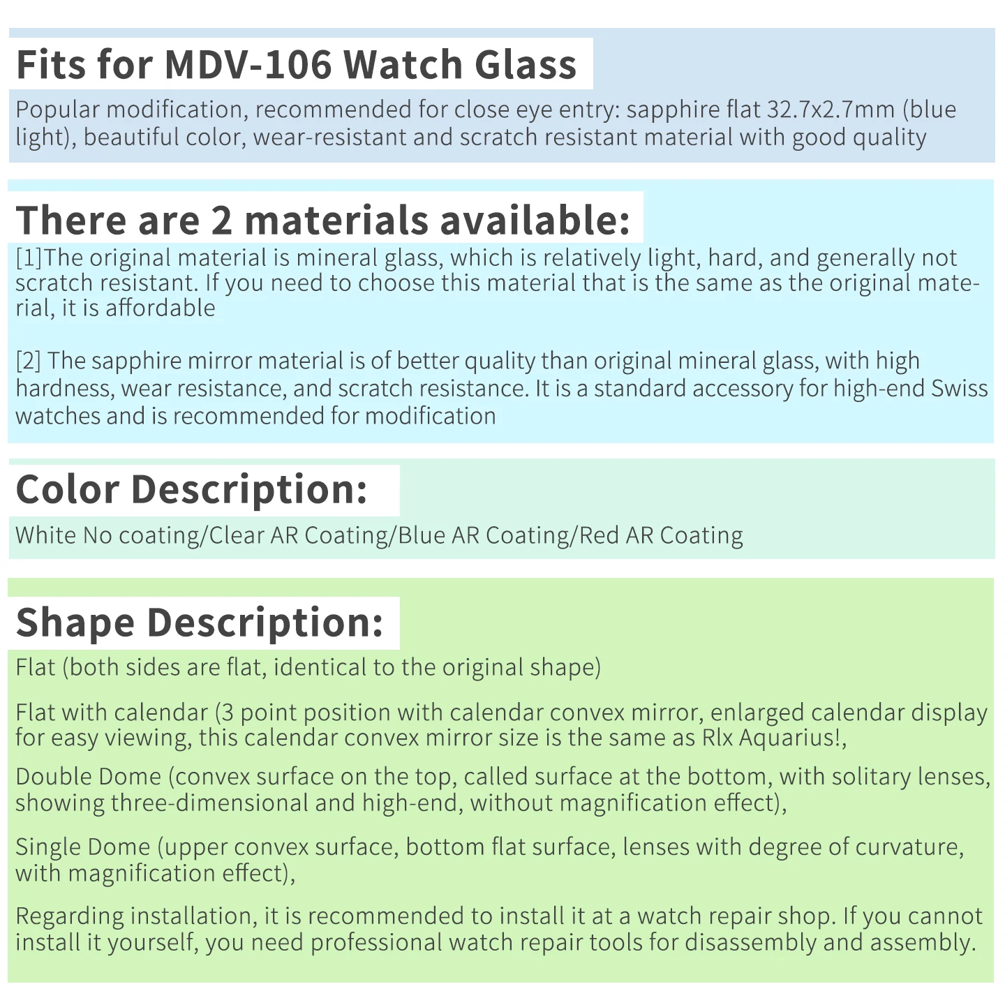 Saphirglas für MDV-106 Swordfish Flat Double Dome Brand Duro Dolphin 200m Taucheruhr Blau Rot AR-Beschichtung Uhrenteile – Detail 2