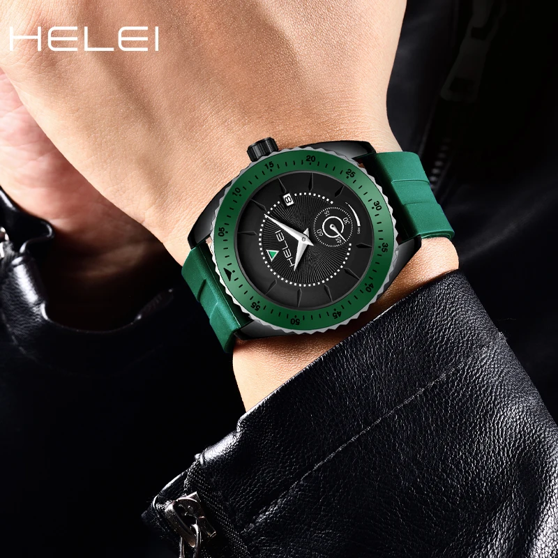 HELEI 클래식 패션 트렌드 남성용 스포츠 시계, 실리콘 방수 패션 캘린더 디스플레이, 석영 손목시계, 남성용 선물