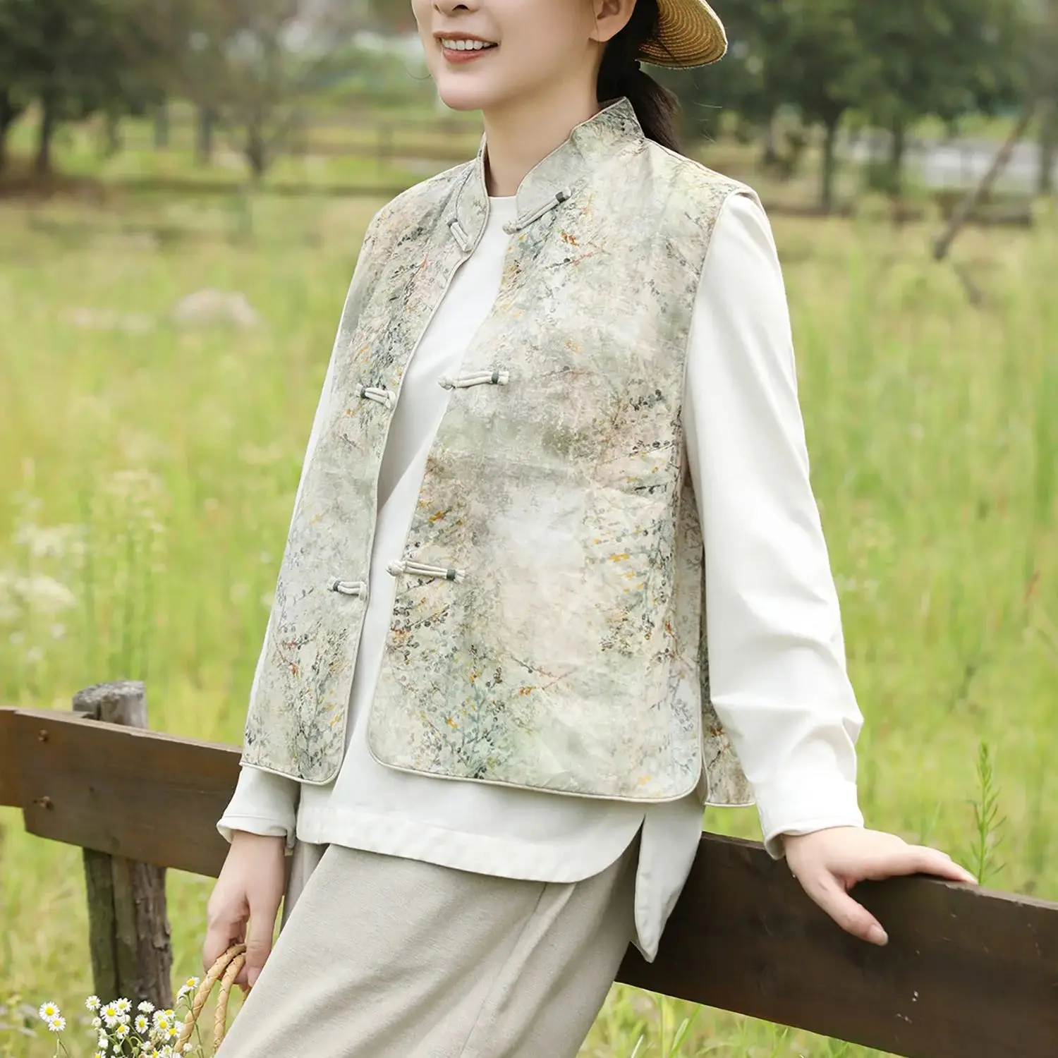 

LZJN Женский льняной жилет в современном китайском стиле — топ без рукавов в стиле ретро, идеально подходит для весны и осени, элегантная верхняя одежда.