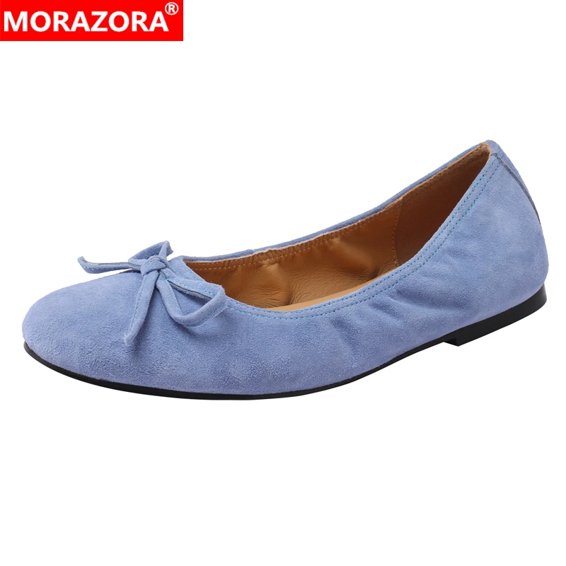 

MORAZORA 2024 New Sheepskin Suede Leather Women Flats Bowtie Handmade High Quality Ballet Flat Shoes Laides Casual Footwear