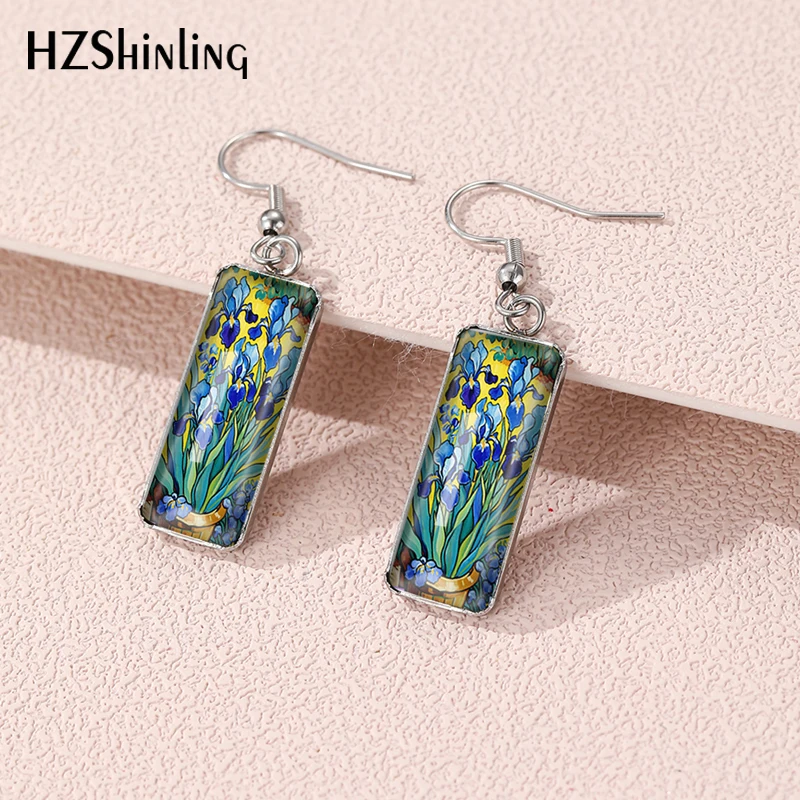 Pendientes rectangulares con pintura al óleo de Iris, aretes de anzuelo hechos a mano, joyería con imagen de cristal, novedad de 2025