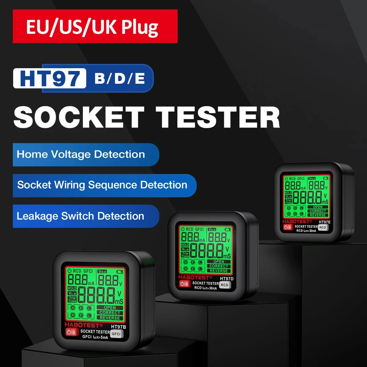 Digital Socket Tester Voltage Test Socket Detector 30mA RCD Test Ground Zero Line Polarity Phase Check EU US UK Socket Tester