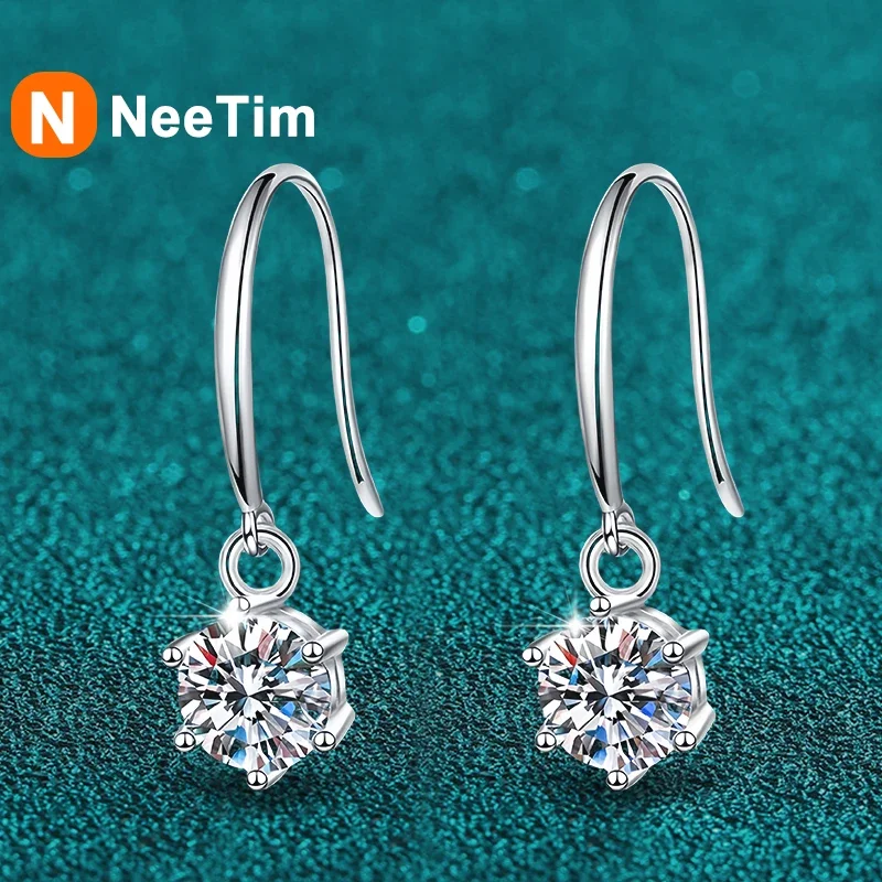 

NeeTim 1ct 6.5mm Moissanite Droop Earrings for Women Original Wedding Chrismas Gift S925 Sterling Silver Hoop Earring Certified