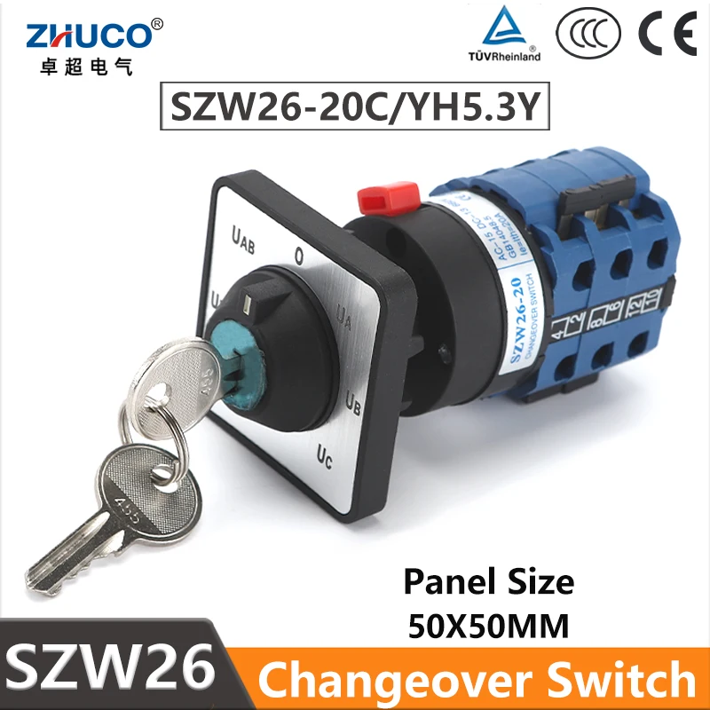 

ZHUCO SZW26/LW26-20C YH5.3Y 3 Poles 20A 7 Positions 12 Screws Universal Selector Rotary Cam Changeover Voltmeter Switch With Key