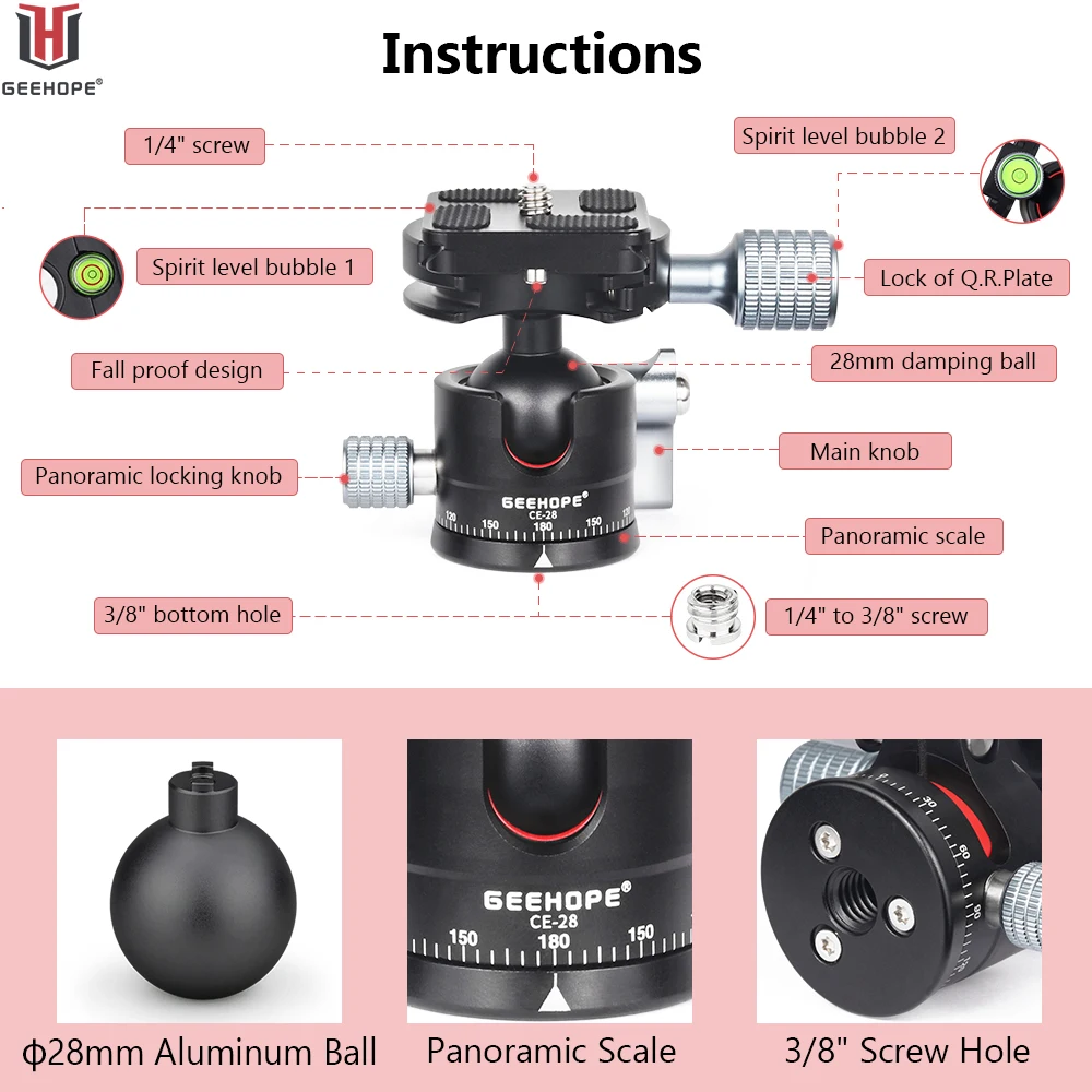 Geehope CE-28 الانظار ترايبود الكرة رئيس العالمي 360 بانورامية CNC المعادن BallHead لكاميرا DSLR Monopod كاميرا الفيديو تحميل 5 كجم #4