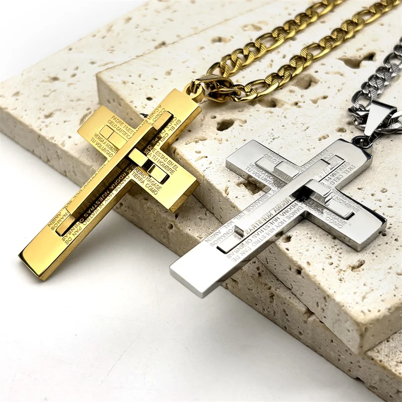 

Punk Jesus Crucifixion Cross Bible Scripture Necklace for Man Women Stainless Steel Silver Color Christian Prayer Chain Jewelry