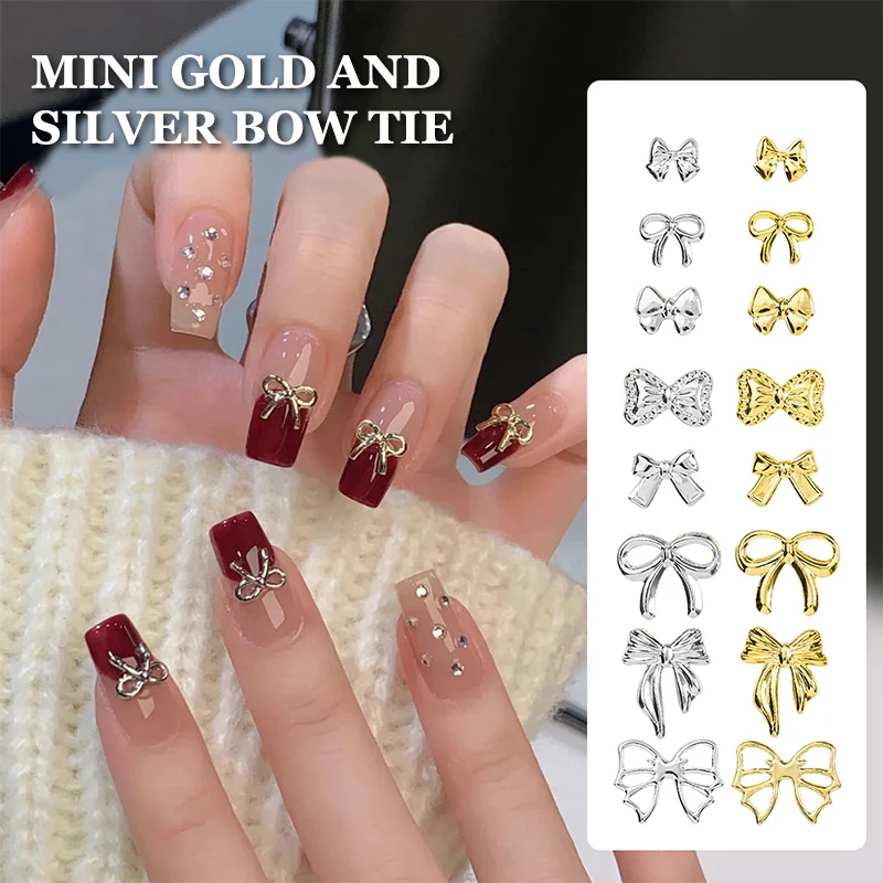【WA】50pcs Metal Alloy Bowknot Nails Art Decoration Silver Gold Nail Charms DIY Manicure Design Jewelry Accessories Tools