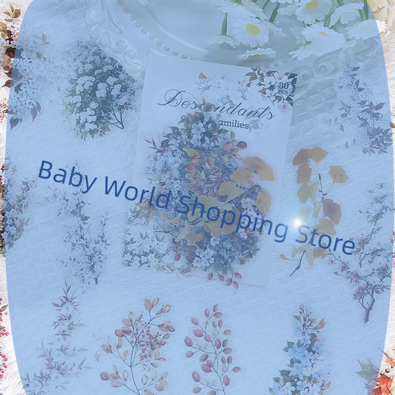 30 sztuk/zestaw Wodoodporne Naklejki w Stylu Vintage z Motywem Roślin i Kwiatów PET do Rękodzieła DIY, Albumów ze Zdjęciami i Dekoracji