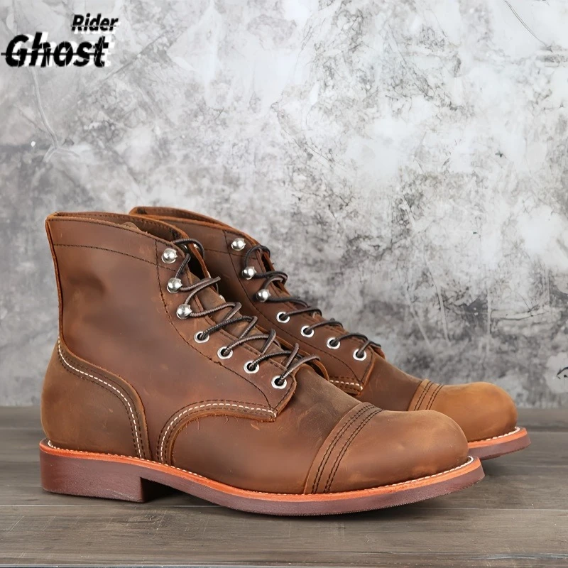 Durable Goodyear-Welted Motorcycle Rugged Heritage Boots Vintage Oil Genuine Leather  Red Punk For Men Cowhide Mid-Cut Shoes