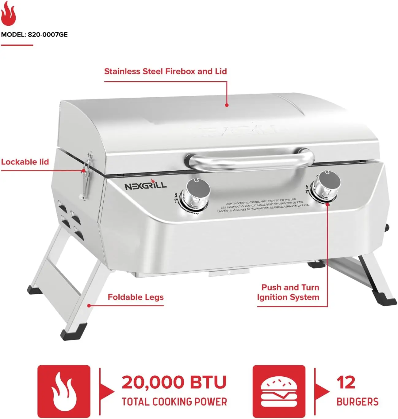Nexgrill Tabletop 2 Burner Gas Grill, Stainless Steel with Folding Legs | Offers 28000 BTU, Locking Lid, Push & Turn Ignition, 2