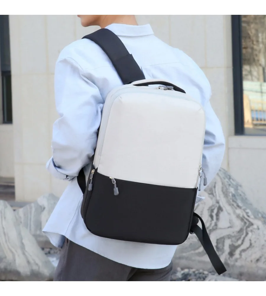 Two tone gray white laptop backpack anti splash soft fabric large space for office commute short travel daily item storage