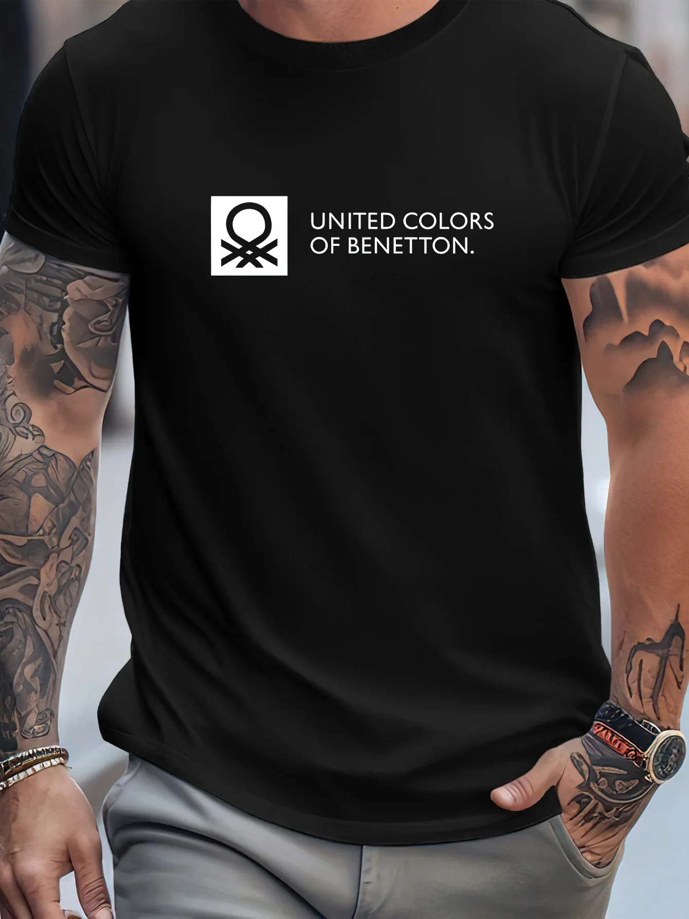 BENETTON Herren T-Shirt Lässige Mode Kurzarm Bedrucktes T-Shirt Marken-T-Shirt Sommer Streetwear Top – Detail 4