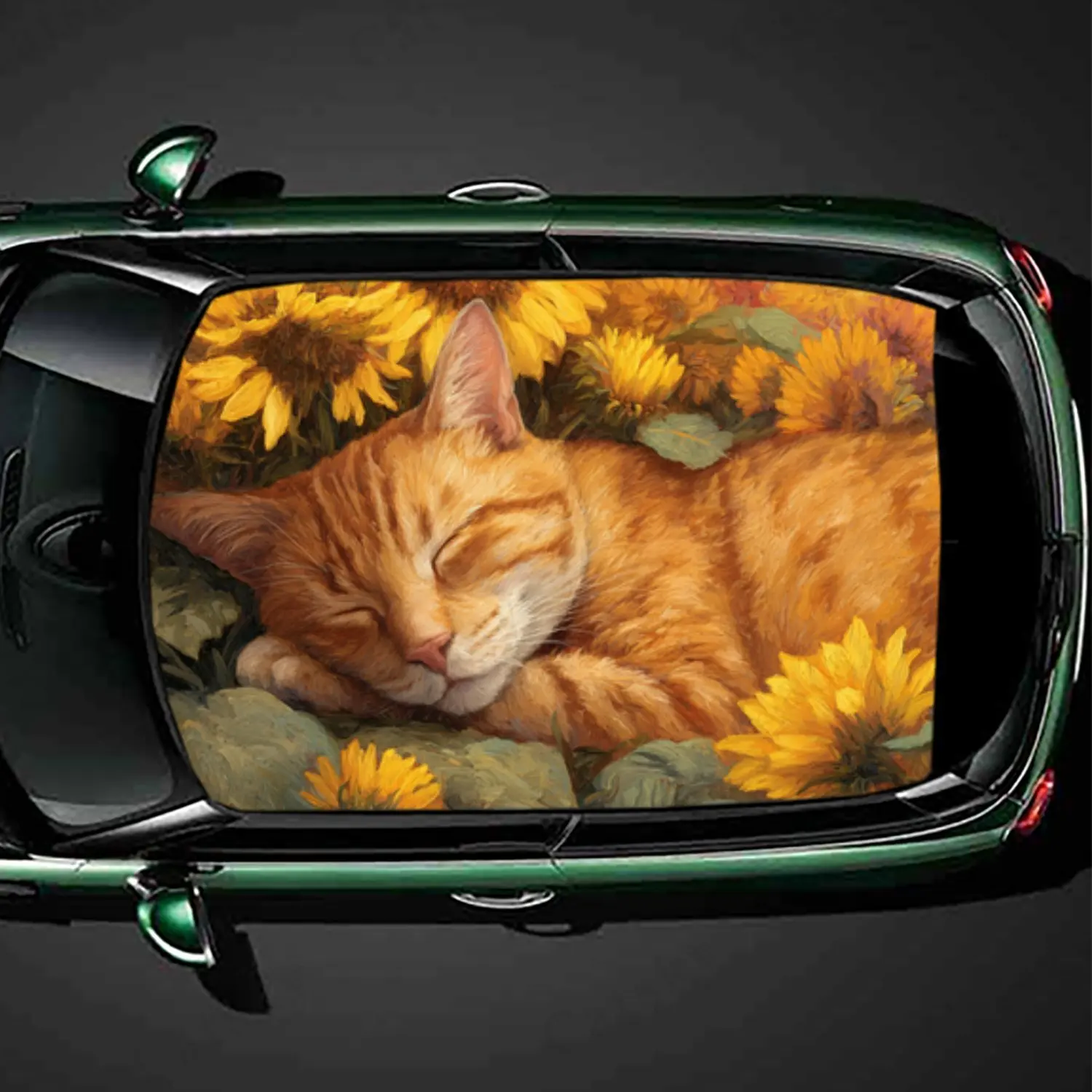 

Healing Cat Sunflower Nap Car Roof Sticker PVC Self Waterproof stick , Striking Auto Exterior Accessories Decoration Protect Gif
