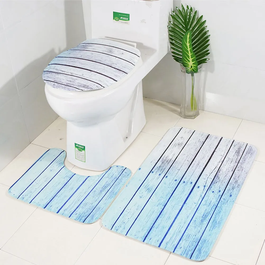

3D Printed Toilet Mat Set Blue Wood Grain Pattern High Absorption Anti Slip Washable Bathroom Carpet Floor Rug Set