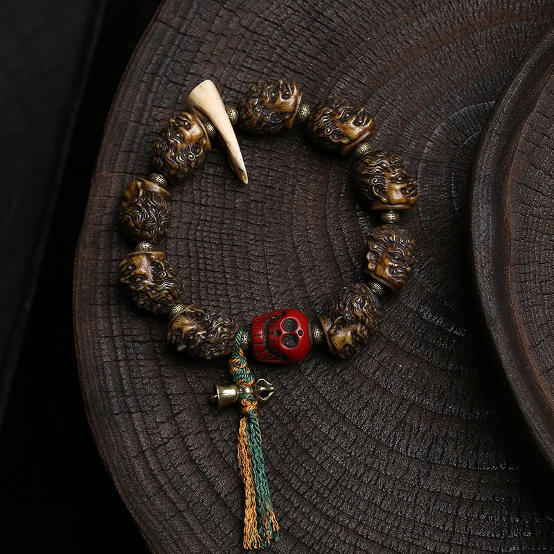 Tibetan-Style Reclaimed Bone Black Buddha Astrological Play Bracelet A-Dai Polished Copper Clasp Prayer Bead Bracelet