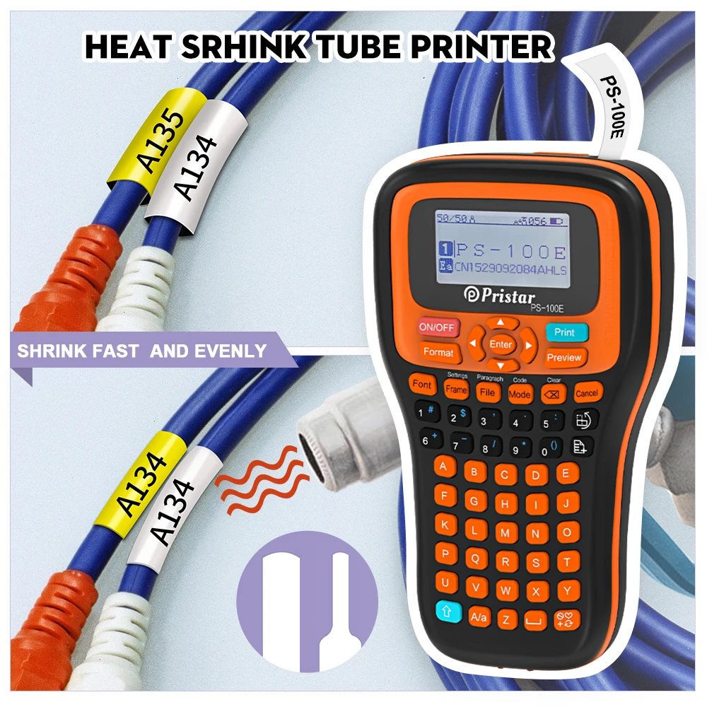 

Портативный принтер этикеток PS100E, термоусадочная трубка для печати, утюг на тканевой ленте, атласная лента, без чернил, устройство для изготовления этикеток, промышленная машина