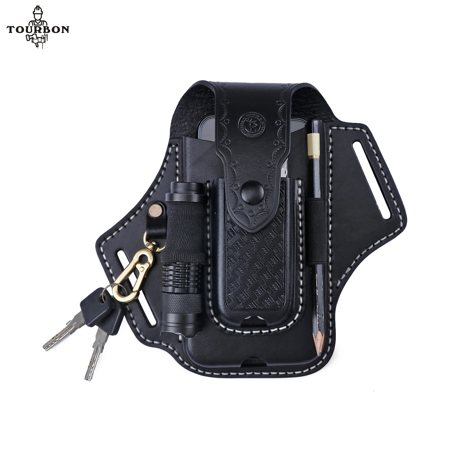 Tourbon Leather EDC Belt Pouch Organizer Double layer Folding Knife Sheath Flashlight Phone Holder with Key Chain Snap Closure