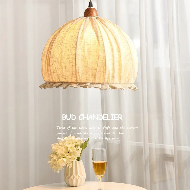 

French Romantic Bud Chandeliers Retro Cotton Linen Pendant Lamps for Dining Room Bedside Study LED Lights Suspension Luminaire