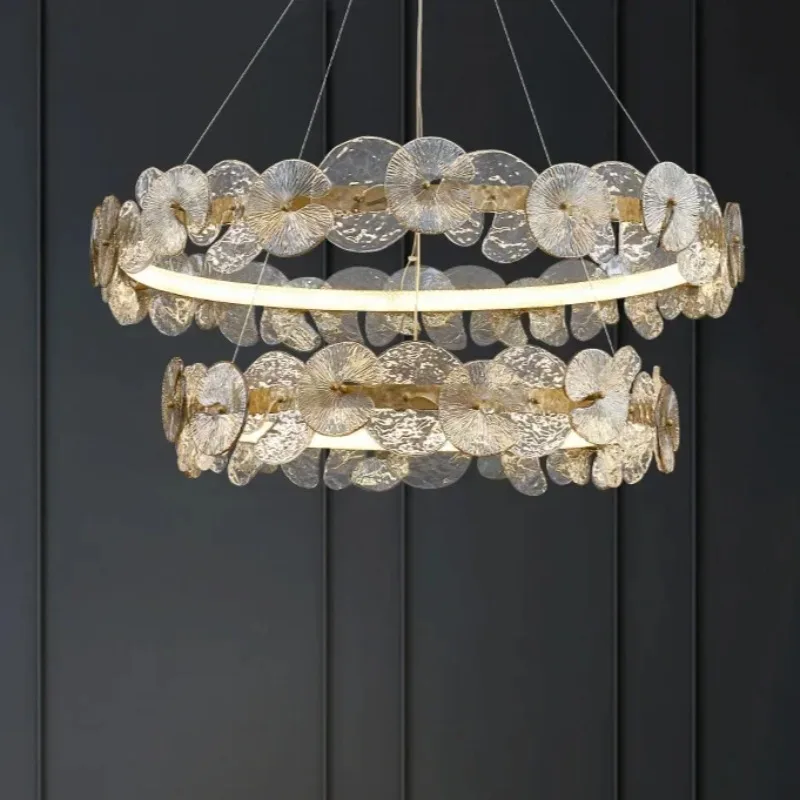 Modern LED Chandelier Lamp For Living Room Bedroom Dining Kitchen Ceiling Lights Ring Glass Flower Design Suspension Light