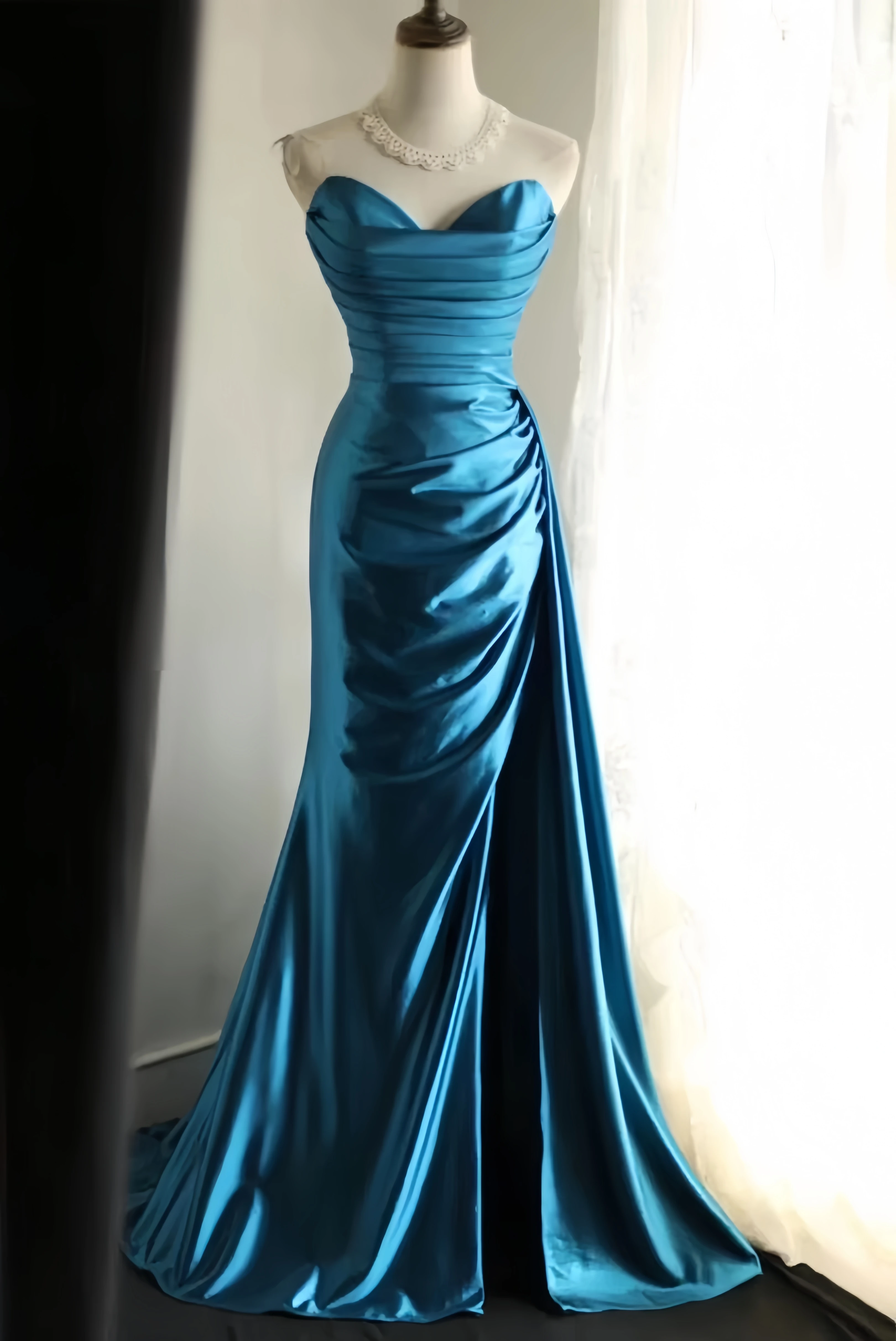 Luxo retro celebridade vestido azul fishtail ruched busto cetim noite alta fenda volta laço adequado senhora noite banquete vestido