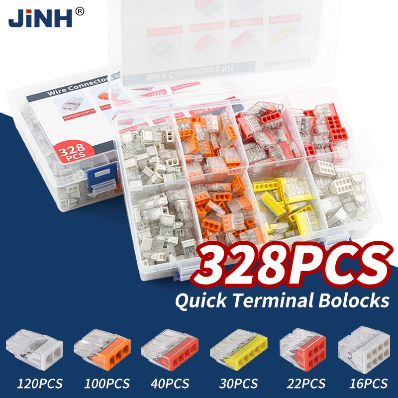 

Комплект прозрачных мини-клемм JINH CMK20-328Pcs-Kit для быстрого подключения, 2-8-позиционный электрический соединительный терминал, 450В 25А, быстрое подключение