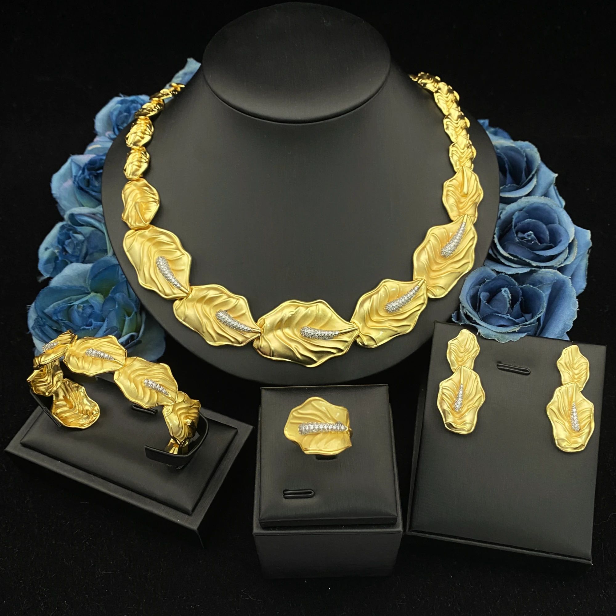 

JRH Women's Gold-Plated Copper Jewelry Set with Cubic Zirconia - Elegant Necklace Earrings Ring Bracelet Holiday Gift