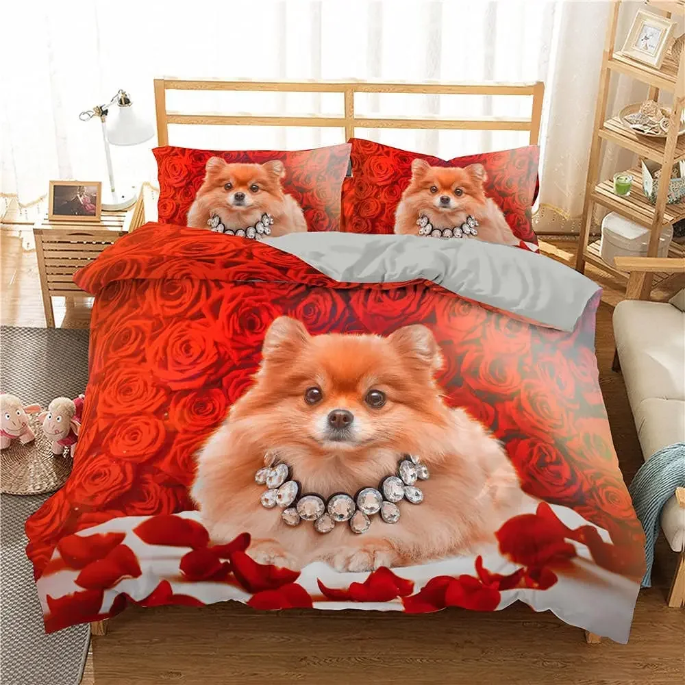 

Pomeranian Duvet Cover Set Kawaii Dog Bedding Set for Pomeranian Lovers, Cute Cartoon Pet Comforter Cover Twin Queen King Size