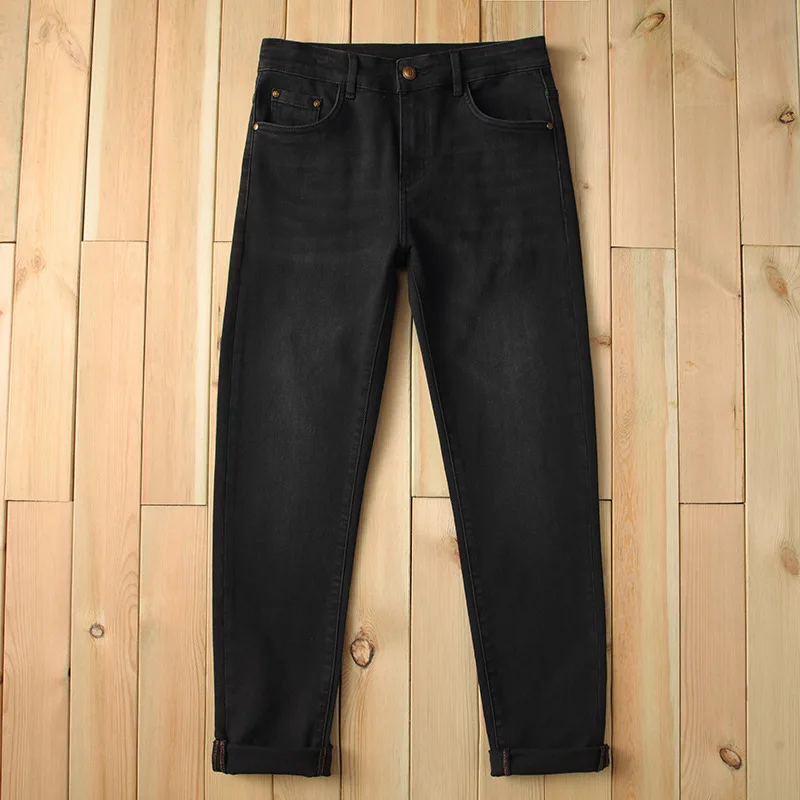 Pantalones vaqueros negros puros para hombre, clásicos, rectos, delgados, elásticos, lavados, Vintage, simples, de gama alta, asequible, de lujo, nuevos