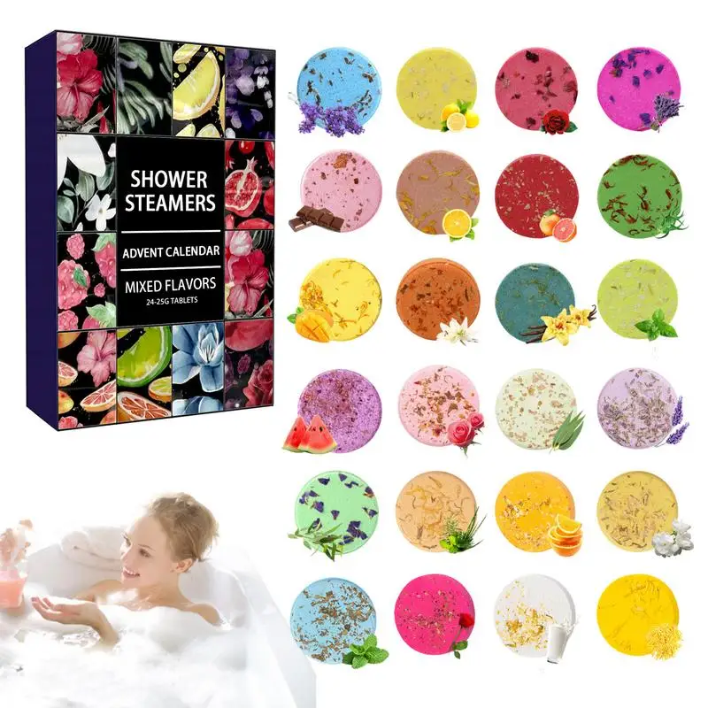 24pcs Shower Steamers Advent Calendar kit Aromatherapy Shower Bombs Self Care and Relaxation Stress Relief Bath Bombs