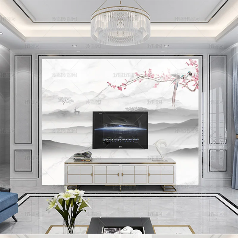 custom 3D New Chinese Light luxury ink landscape wallpaper peach blossom bird living room TV background wall bedroom mural 8d