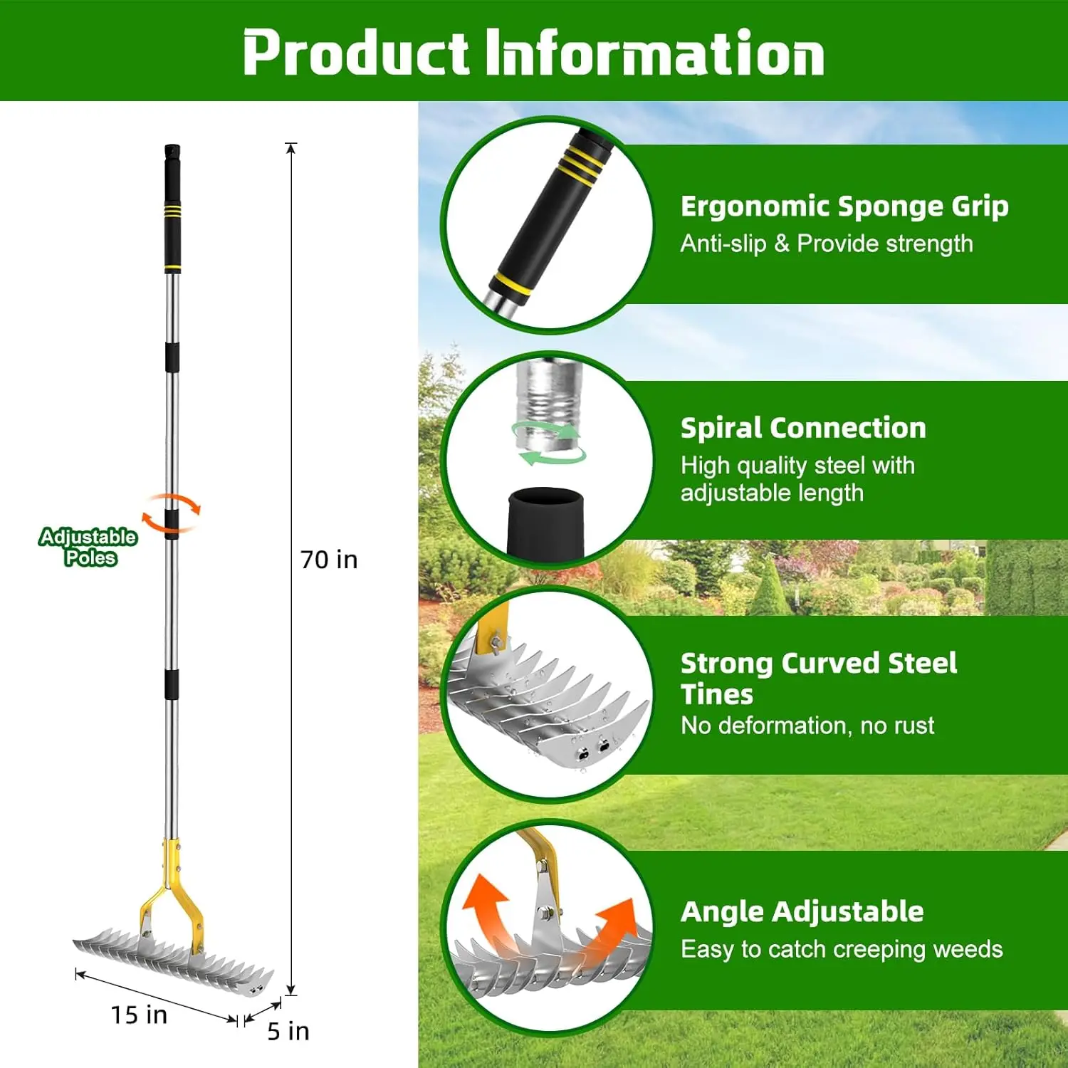 Grass Rake, Used for Cleaning Dead Grass 15inch Wide Lawn Grass Rake with Sponge Handle, High-Efficiency Metal Steel Lawn Weeder, Loose Lawn and Soil Grass Rake