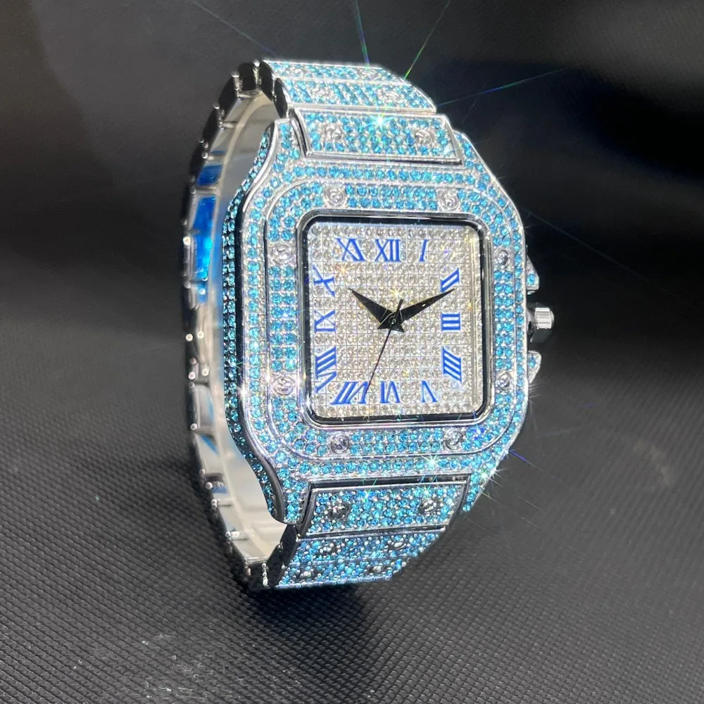 Men's Quartz Watch With Sky Blue Waterproof Wristwatches For Male Luxury Fashion Design Hip Hop Diamond Watches For Man Gift New