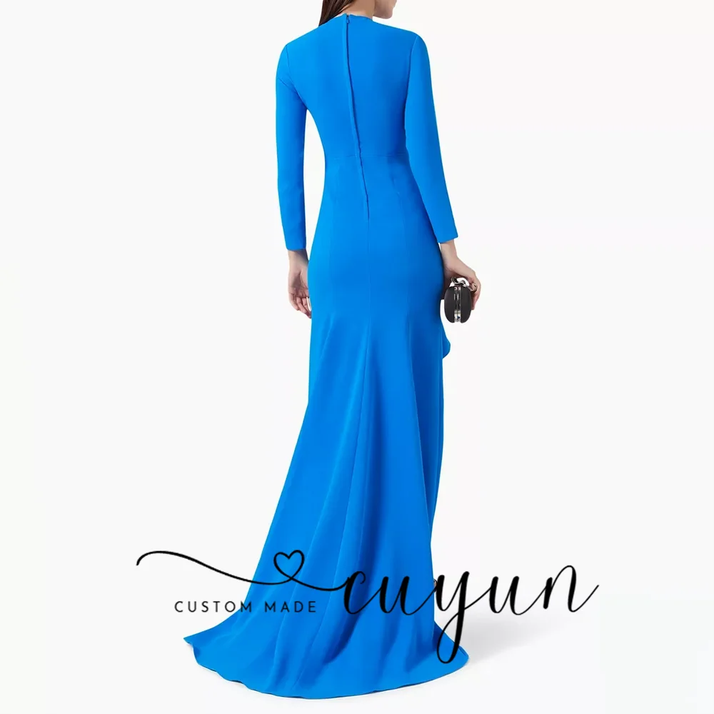 CUYUN Customized Formal Evening Dress Maxi Mermaid O-Neck Blue Party Dresses for Women 2025 Long Sleeves Pleat Ankle Length Prom