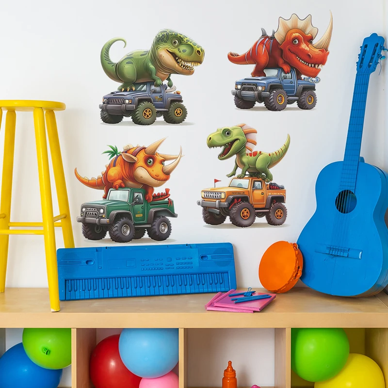 Cartoon Funny T-rex Go-Kart Wall Decals Cute Baby Dinosaur Vinyl Stickers Removable for Kids Boy Bedroom Home Nursery Decoration