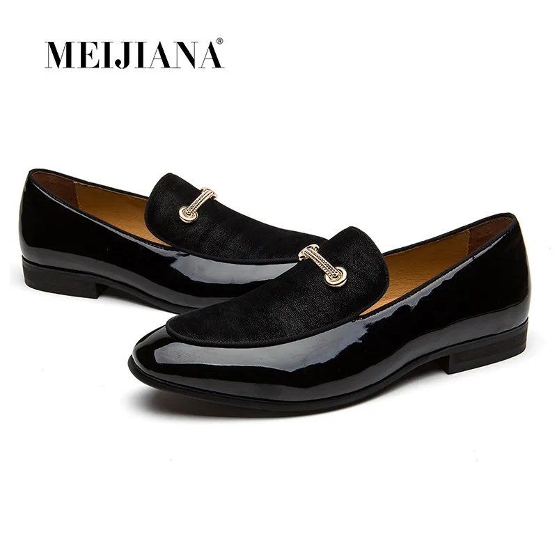 

Men Black Loafers with Patent Leather and Velvet Upper Gold Buckle Slip-On Formal Dress Shoes for Men Office Party Footwear