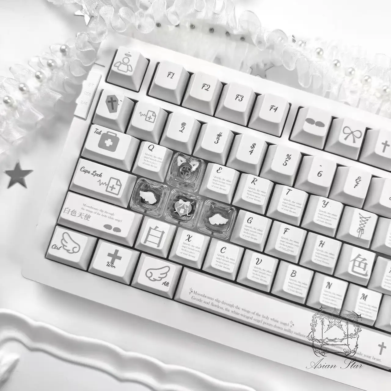 Kawayii Translucent 4PC Cat Ear Cherry Blossom Personality Keycaps Korean Ins Wings Keyboard Arrow Keys DIY Magnetic Shaft Cute