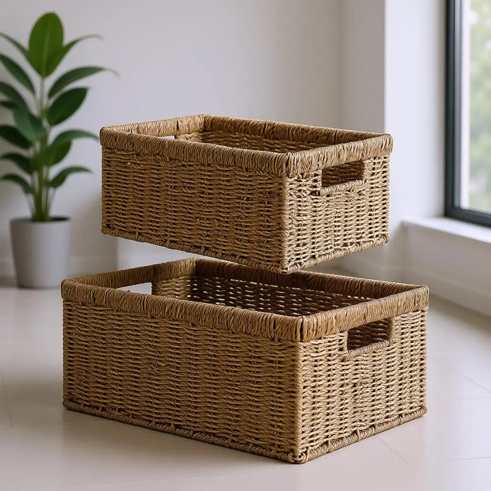 

Handwoven Seagrass Storage Baskets, Set of 2: Large and Small Organizers with Built-in Handles for Decor and Organization
